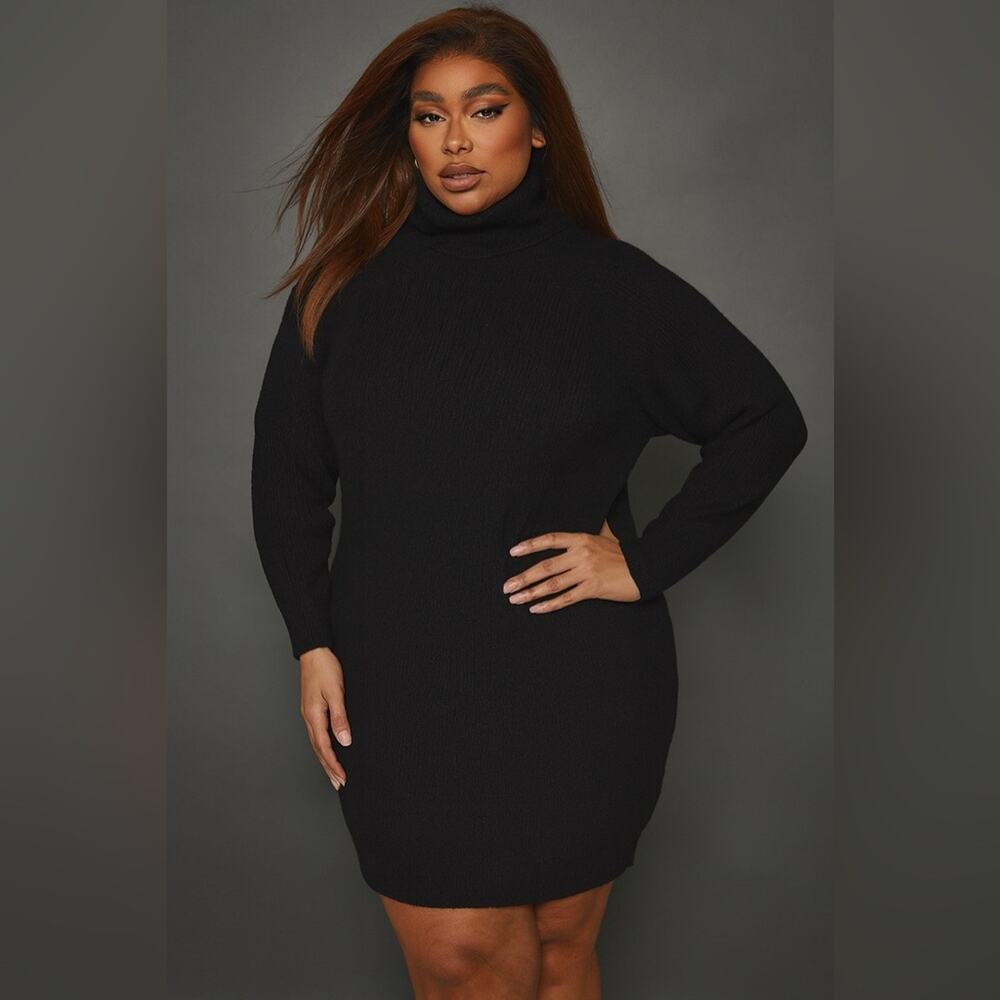 New Pretty Little Thing Womens Turtleneck Soft Knit Sweater Dress Black US L
